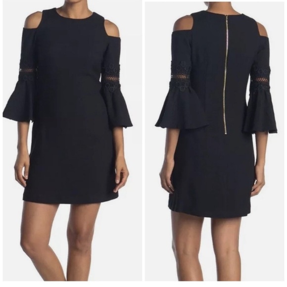 Eliza J Appliqué Black Cold Shoulder Lace Ruffle Sleeve Classy Midi Dress - Picture 1 of 6